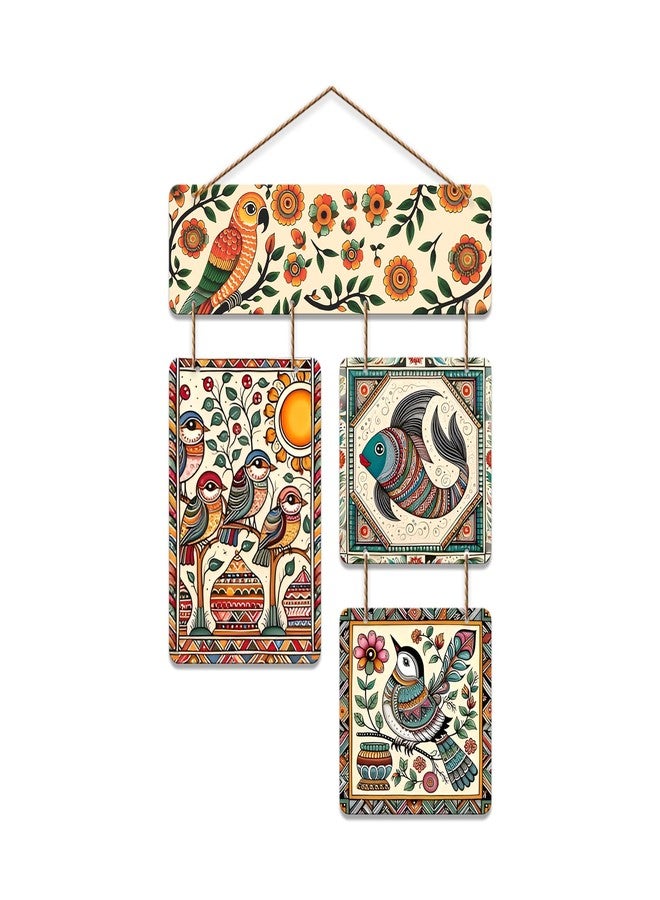 Artvibes Sparrows & Fish Ethnic Indian Folk Art Decorative Wall Art MDF Wooden Wall Hanger for Living Room | Wall Accent | Sceneries | Aesthetic Wooden Decor | Graphic Artwork | Ideal Gifts (WH_6539N) - Image 1
